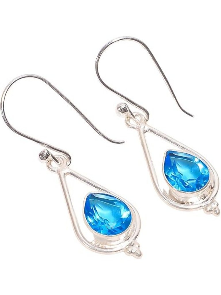 Swiss Blue Topaz Pear Shape Drop Silver Dangle Natural Gemstone Earrings
